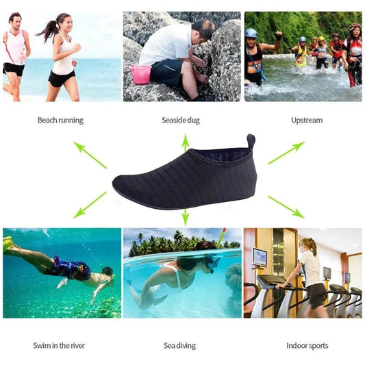 Mandotos AquaFlex unisex water shoes with quick-dry fabric, designed for beach, yoga, and swimming activities, shown on a sandy surface.