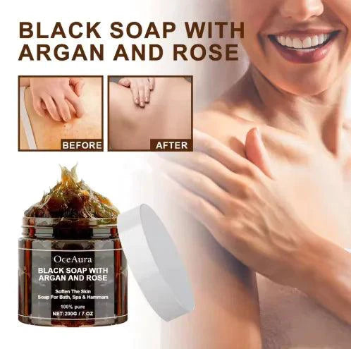 Mandotos Argan Rose Black Soap bar with natural ingredients, featuring a dark color and floral rose scent for skincare.