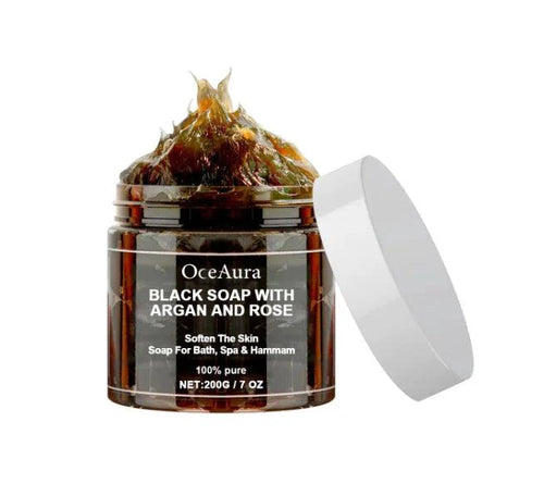 Mandotos Argan Rose Black Soap bar with natural ingredients, showcasing a dark, textured soap with rose and argan oil hints.