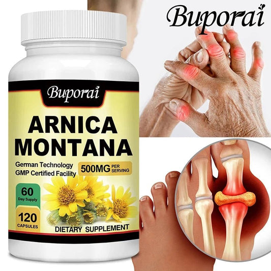 Mandotos Arnica Montana capsules for bruises, swelling, pain relief, mood improvement, and immunity support, 120 capsules.