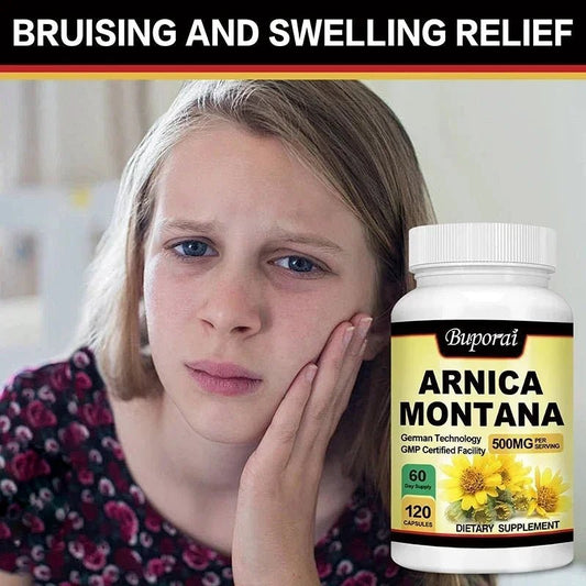 Mandotos Arnica Montana capsules for bruises, swelling, pain relief, mood improvement, and immunity support, 120 capsules.