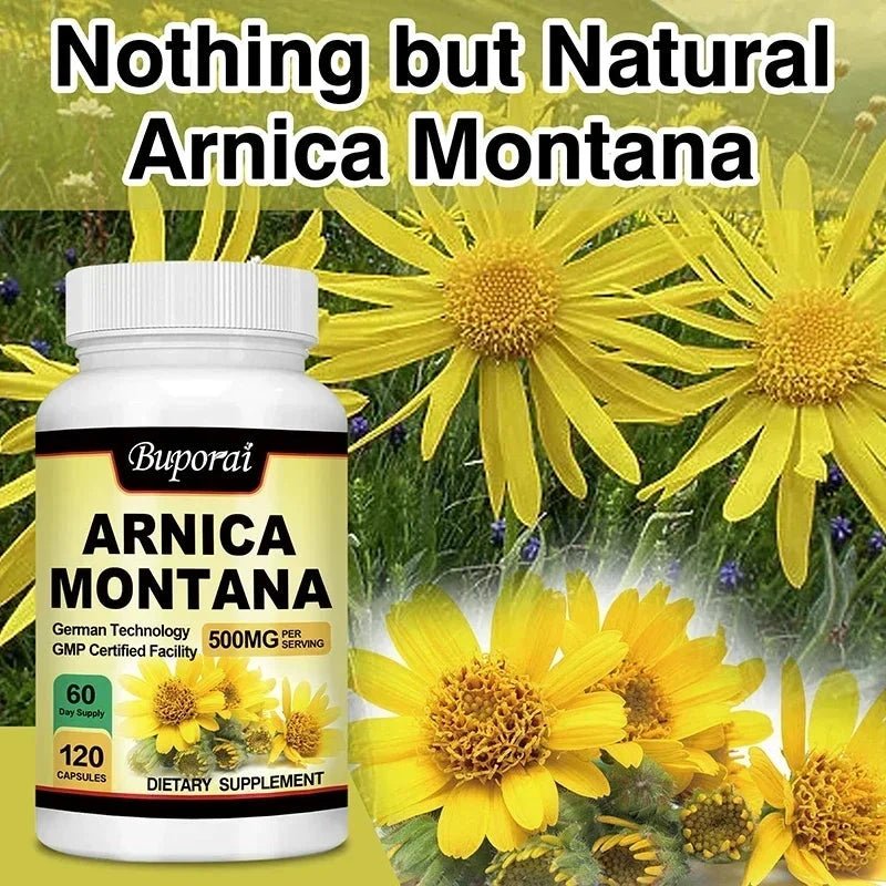 Mandotos Arnica Montana capsules for bruises, swelling, pain relief, mood improvement, and immune support, 120 capsules.