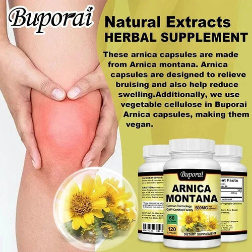 Mandotos Arnica Montana capsules for bruises, swelling, pain relief, mood improvement, and immunity boost, 120 capsules.