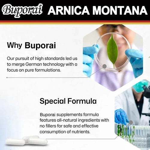 Mandotos Arnica Montana Capsules for bruises, swelling, pain relief, mood improvement, and immune support, 120 capsules.