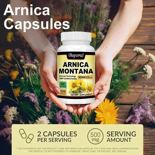 Mandotos Arnica Montana capsules for bruises, swelling, pain relief, mood improvement, and immunity support, shown in a bottle.