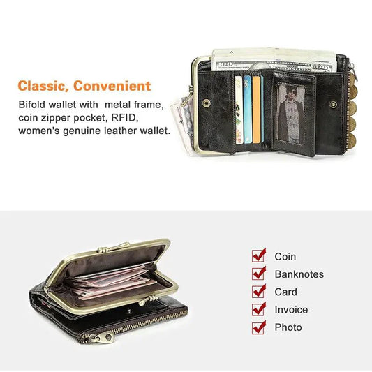 Mandotos authentic leather ladies' wallet with multiple card slots and a sleek design, made of high-quality brown leather.