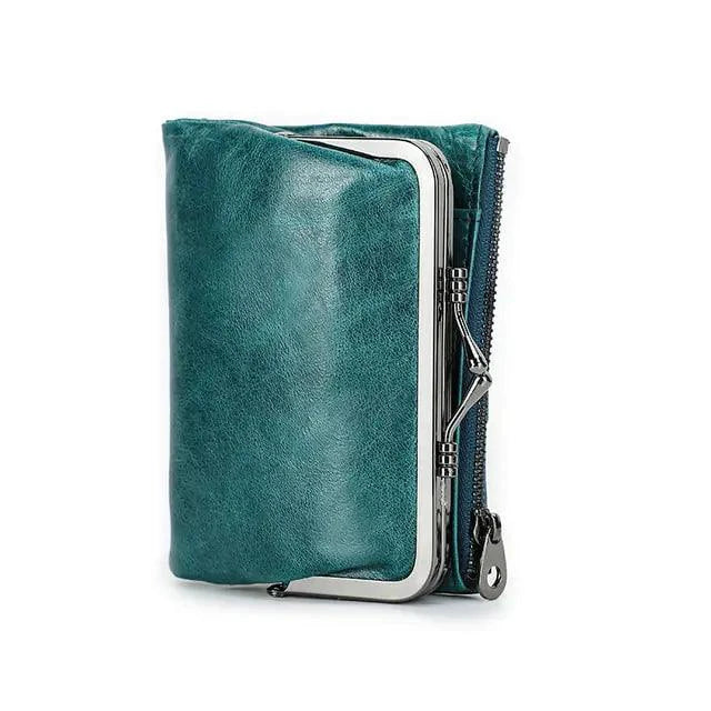Mandotos authentic leather ladies' wallet showing multiple card slots and a zipper coin compartment.