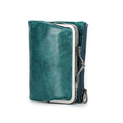 Mandotos authentic leather ladies' wallet showing multiple card slots and a zipper coin compartment.
