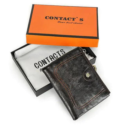 Mandotos authentic leather ladies' wallet showing multiple card slots, zipper compartment, and elegant design.