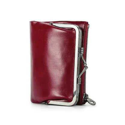 Authentic leather ladies' wallet by MANDOTOS featuring a sleek design with multiple card slots and a secure coin pocket.