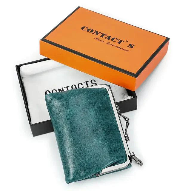 Mandotos authentic leather ladies' wallet showing multiple card slots, zipper compartment, and elegant brown finish.