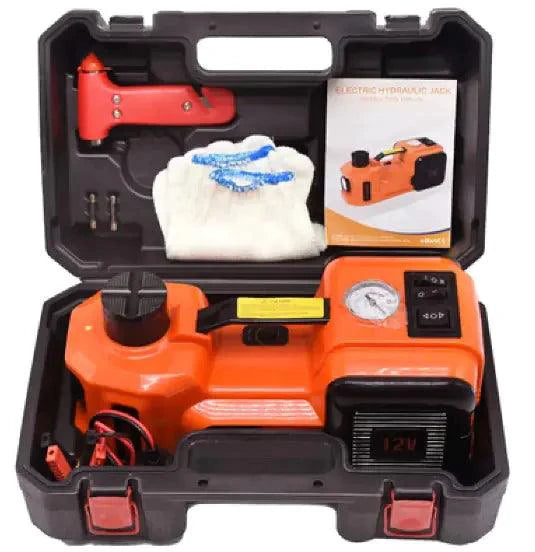 Mandotos Auto Electro-Lift Jack shown in use, compact electric car jack for easy vehicle lifting and maintenance.