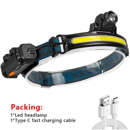 MANDOTOS AutoBright LED Headlamp with adjustable strap, bright white light, and durable design for outdoor activities.