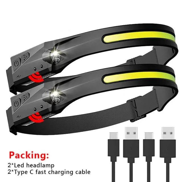 Mandotos AutoBright LED headlamp with adjustable strap and bright white light for outdoor activities and nighttime visibility.
