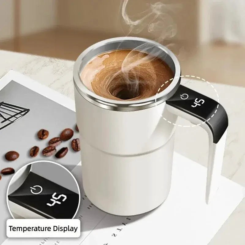 Mandotos automatic coffee blender mug with built-in blending mechanism, stainless steel body, and spill-proof lid.