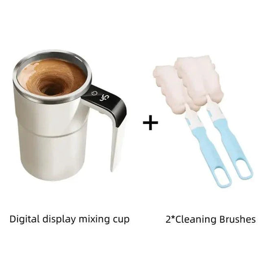 Mandotos automatic coffee blender mug with stainless steel body, blending coffee ingredients inside a portable travel mug.