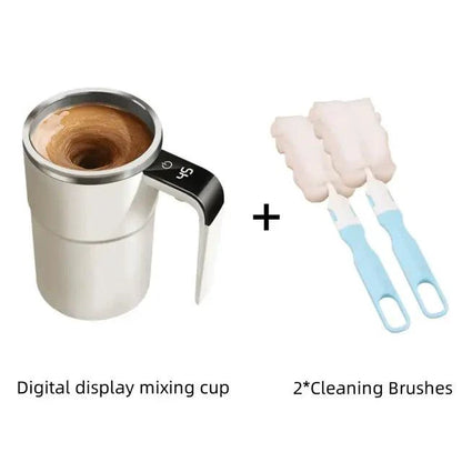 Mandotos automatic coffee blender mug with stainless steel body and blending blade, designed for easy coffee mixing.