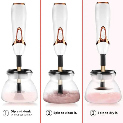MANDOTOS automatic makeup brush cleaner with spinning brush head for quick and easy cleaning of cosmetic brushes.