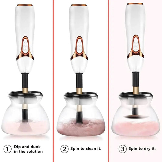 MANDOTOS automatic makeup brush cleaner with spinning brush head for quick and easy cleaning of cosmetic brushes.