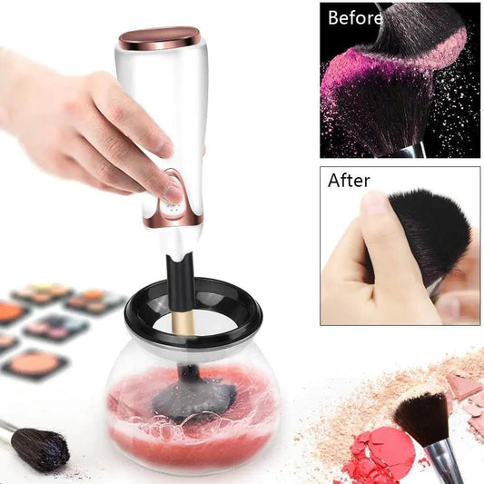 Mandotos automatic makeup brush cleaner device with spinning brush for quick, hygienic cleaning of makeup brushes.