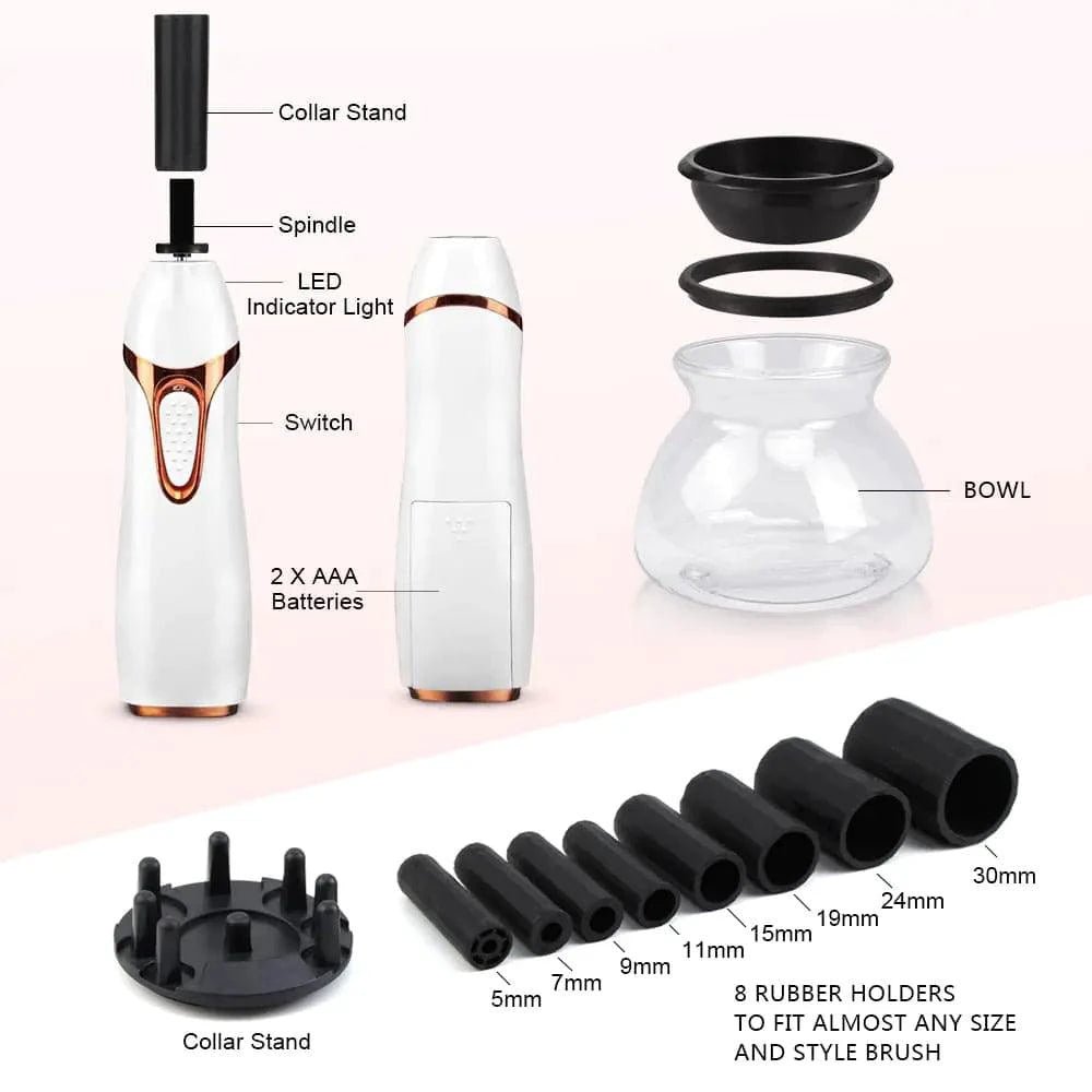 Mandotos automatic makeup brush cleaner device with rotating brush for gentle, efficient cleaning of cosmetic brushes.