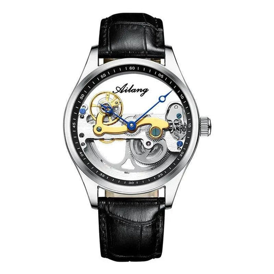Mandotos automatic mechanical men's watch with hollow dial and silicone band, stylish and creative design.