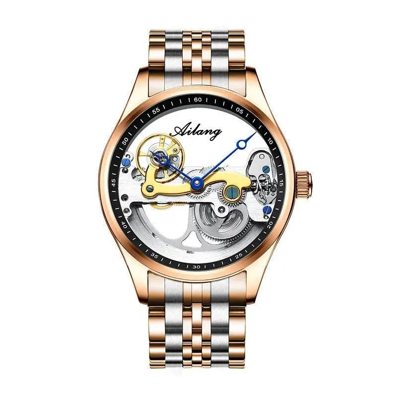 Mandotos automatic mechanical men's watch with a creative hollow design and silicone band, showcasing intricate watch details.