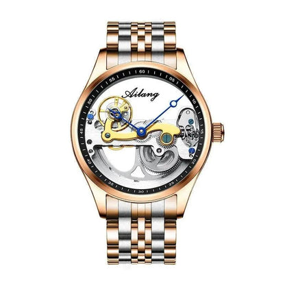 Mandotos automatic mechanical men's watch with a creative hollow design and silicone band, showcasing intricate watch details.