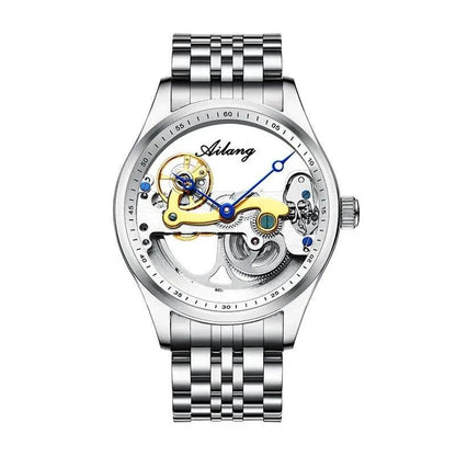 Mandotos automatic mechanical men's watch with a creative hollow design and silicone band, showcasing intricate dial details.