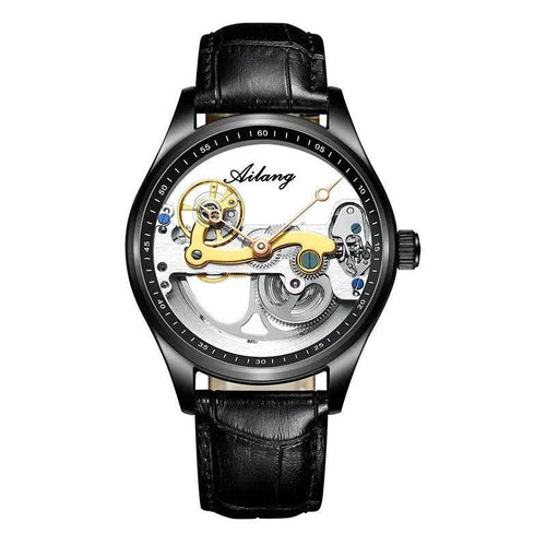Mandotos automatic mechanical male watch with a creative hollow design and silicone band, showcasing a stylish, modern timepiece.