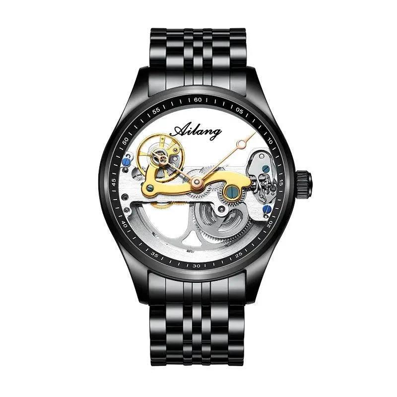 Mandotos automatic mechanical men's watch with creative hollow dial and silicone band, showcasing intricate watch movement.