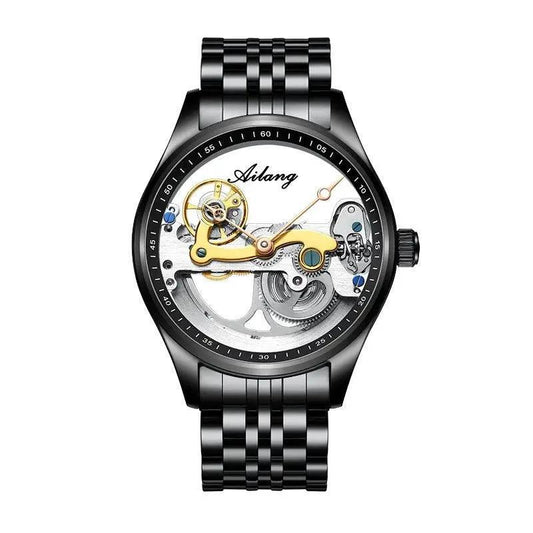 Mandotos automatic mechanical men's watch with creative hollow dial and silicone band, showcasing intricate watch movement.