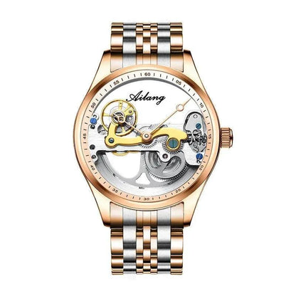 Mandotos automatic mechanical male watch with a creative hollow dial and silicone band, featuring a sleek and modern design.