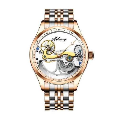Mandotos automatic mechanical male watch with a creative hollow dial and silicone band, featuring a sleek and modern design.