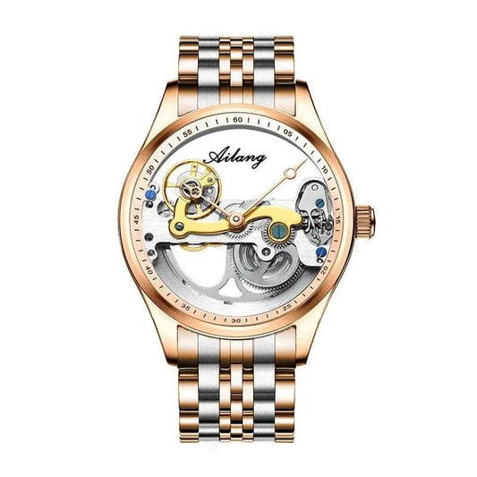 Mandotos automatic mechanical male watch with a creative hollow dial and silicone band, featuring a sleek and modern design.