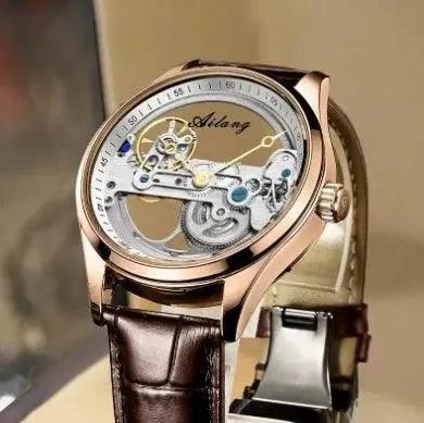 Mandotos automatic mechanical men's watch with creative hollow dial and silicone band, showcasing intricate watch design.