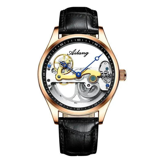 Mandotos automatic mechanical men's watch with creative hollow design and silicone band, showcasing intricate watch face details.