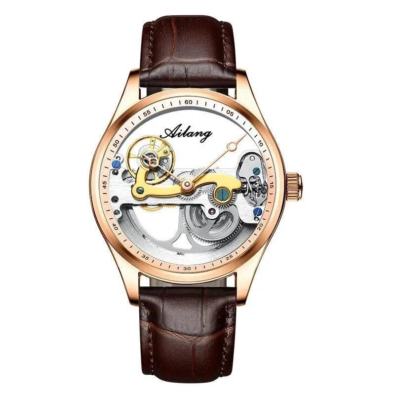 Mandotos automatic mechanical men's watch with a creative hollow design and silicone band, showcasing intricate dial details.