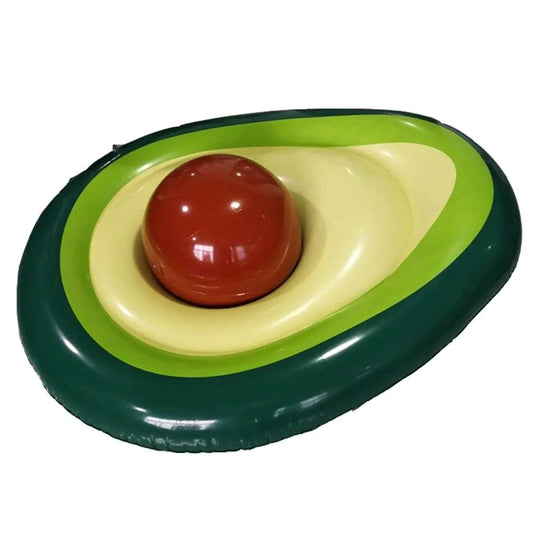 Mandotos avocado shape inflatable pool filled with water, featuring green and brown design, suitable for kids' outdoor play.