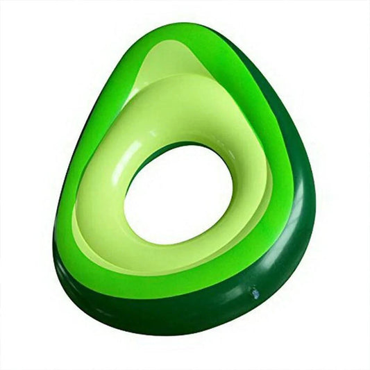 Mandotos avocado-shaped inflatable pool filled with water, featuring bright green and brown colors, perfect for summer fun.