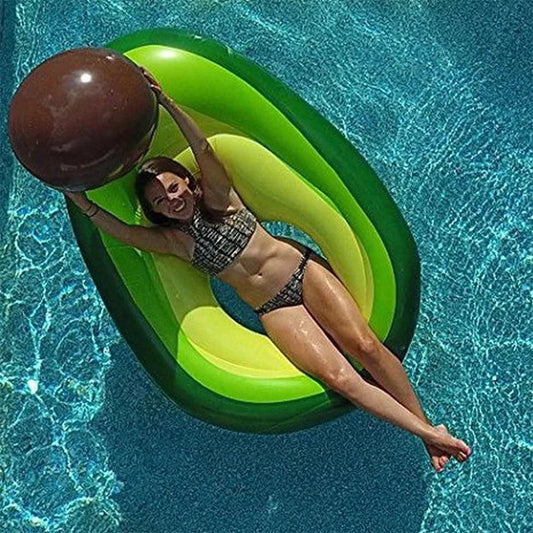 Mandotos avocado-shaped inflatable pool filled with water, perfect for summer fun and outdoor relaxation.