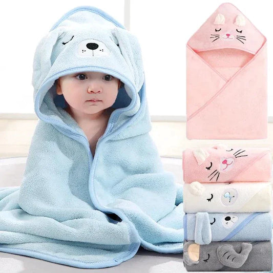Mandotos baby hooded bath towel with cartoon animal design, soft plush towel blanket for newborns and toddlers, warm and cozy for boys and girls.