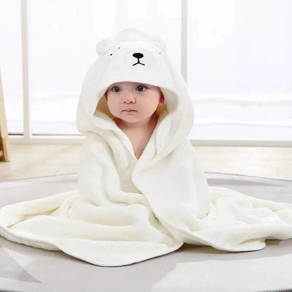 Mandotos baby hooded bath towel with cartoon animal design, soft plush material, perfect for newborns and toddlers.