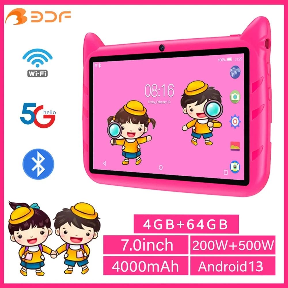 Mandotos 7-inch Kid Tablet with Android 13, 4GB RAM, 64GB storage, 1TB expand, dual cameras, 5G WiFi, and child-friendly software.