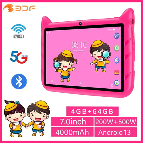 Mandotos 7-inch Kid Tablet with Android 13, 4GB RAM, 64GB storage, 1TB expand, dual cameras, 5G WiFi, and child-friendly software.