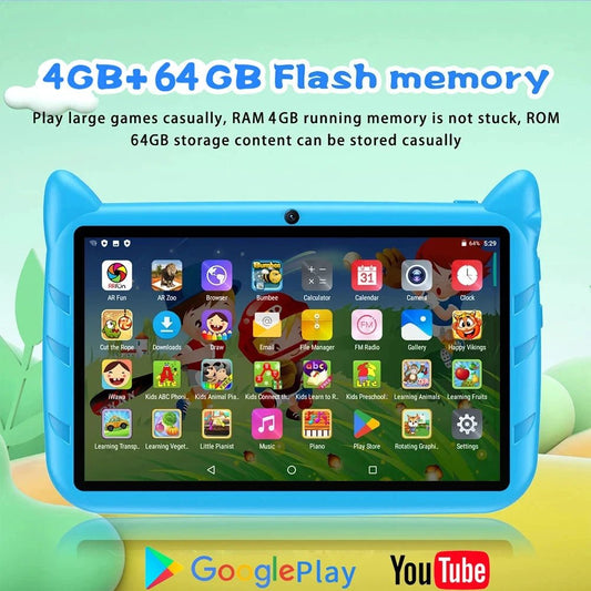Mandotos BDF 7-inch Android 13 kid tablet with dual cameras, 4GB RAM, 64GB storage, 1TB expand, 5G WiFi, and child-friendly software.