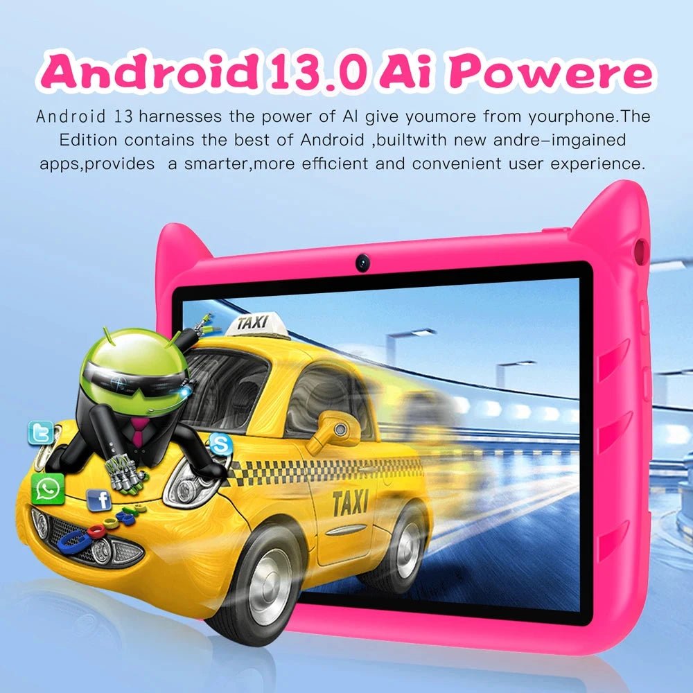 Mandotos BDF 7-inch Android 13 Kid Tablet with dual cameras, 4GB RAM, 64GB storage, 1TB expand, 5G WiFi, and child-friendly software.