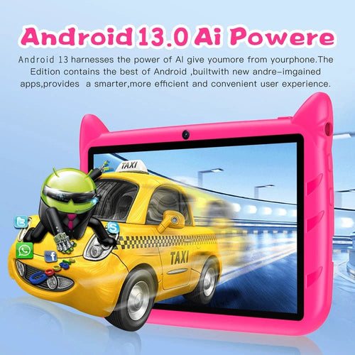 Mandotos BDF 7-inch Android 13 Kid Tablet with dual cameras, 4GB RAM, 64GB storage, 1TB expand, 5G WiFi, and child-friendly software.