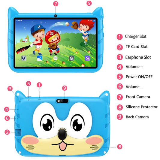 Mandotos BDF 7-inch Android 13 kid tablet with dual cameras, 4GB RAM, 64GB storage, 1TB expand, 5G WiFi, and child-friendly software.