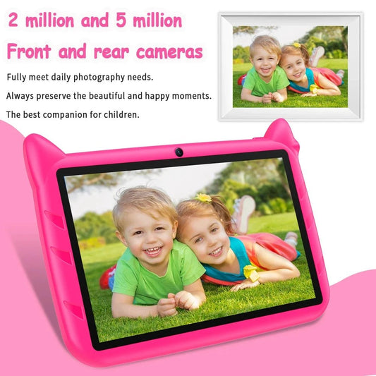 Mandotos 7-inch Android kid tablet with dual cameras, 4GB RAM, 64GB storage, 1TB expand, 5G WiFi, and child-friendly software.